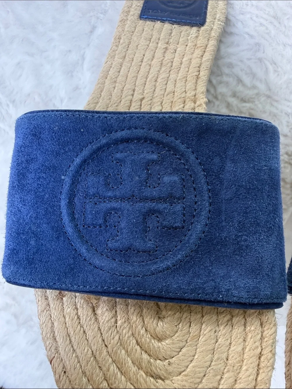 Tory Burch Benton Kid Suede Open Toe Espadrille Slide Navy 7.5 Embossed Logo
